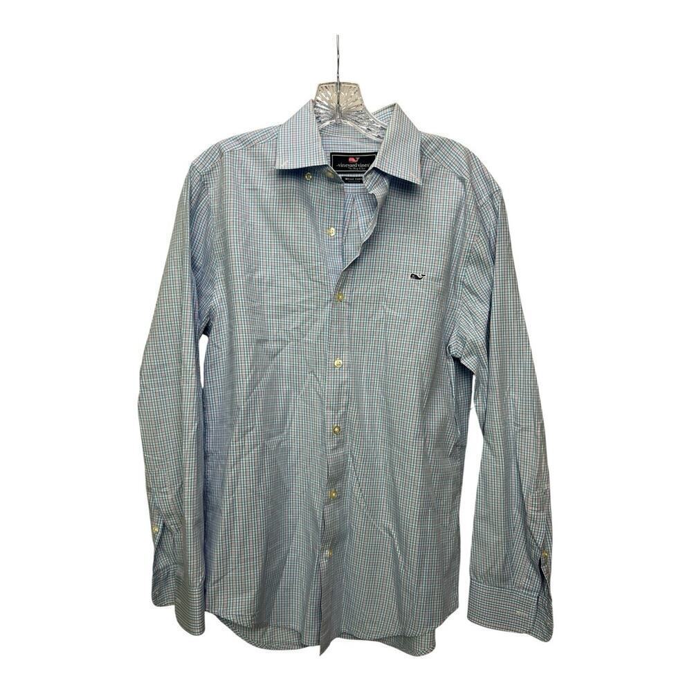 Vineyard Vines Shirt Small Check Blue Cooper Performance Button Up